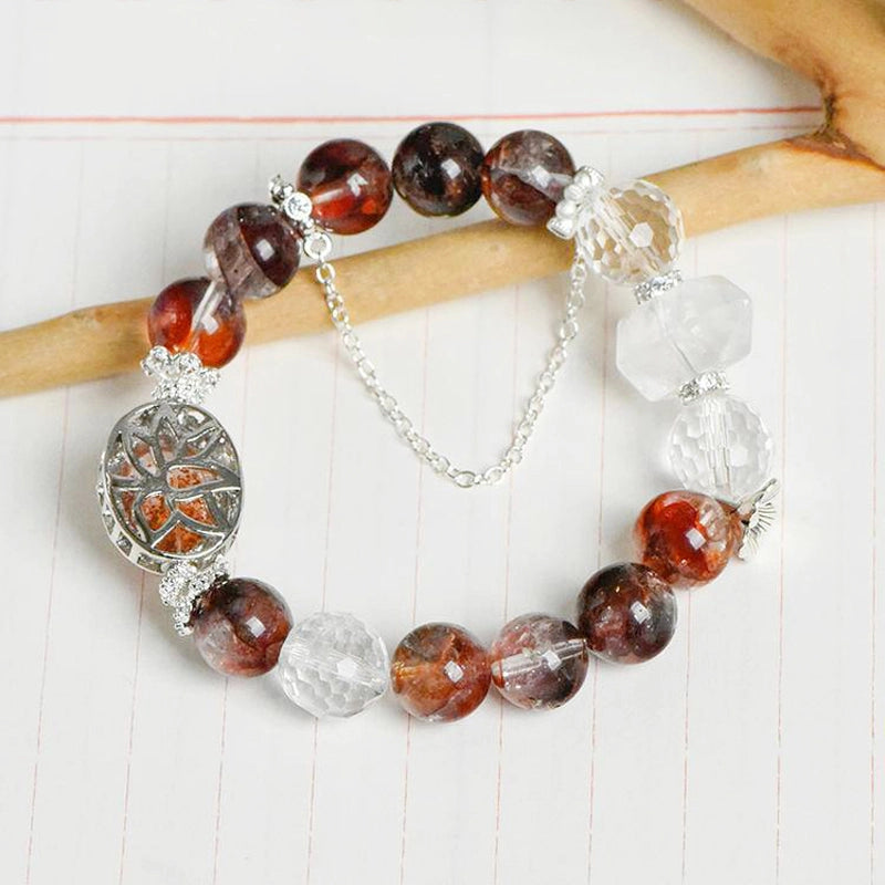 Red Hematoid Quartz bracelet with Clear Quartz columns, Phantom Quartz Magic Box, and silver chain – healing crystal jewelry by Roline Crystal