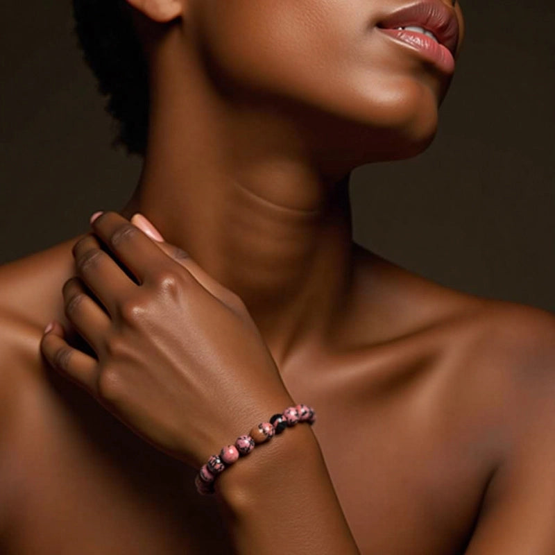 Rhodonite bracelet with pink and black 8mm marbled beads by Roline Crystal