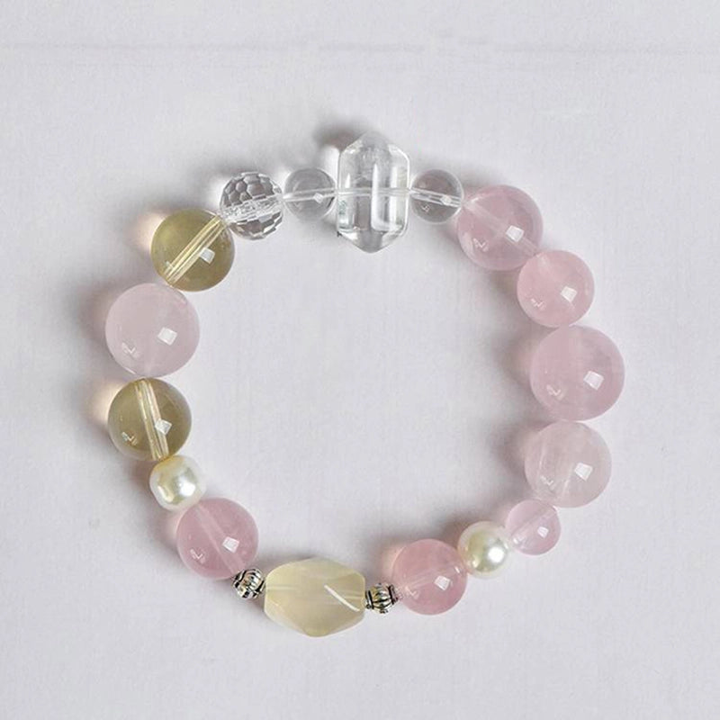 Rose Quartz bracelet with Citrine, Clear Quartz points, and pearls by Roline Crystal
