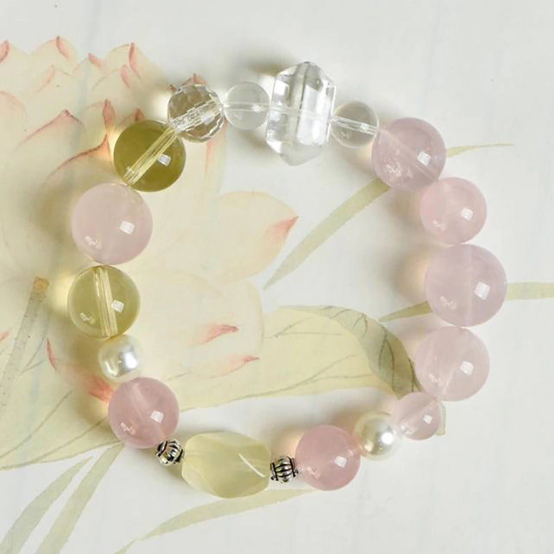 Rose Quartz bracelet with Citrine, Clear Quartz points, and pearls by Roline Crystal