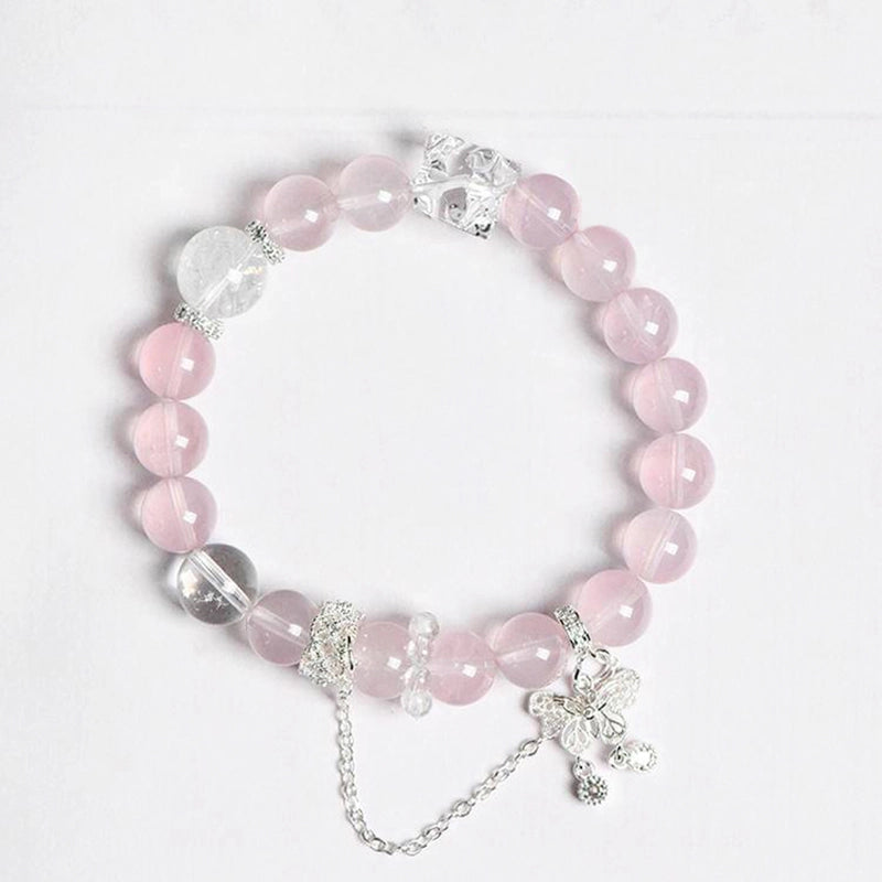 Rose Quartz bracelet with silver butterfly charms, Clear Quartz, and silver chain – healing crystal jewelry by Roline Crystal