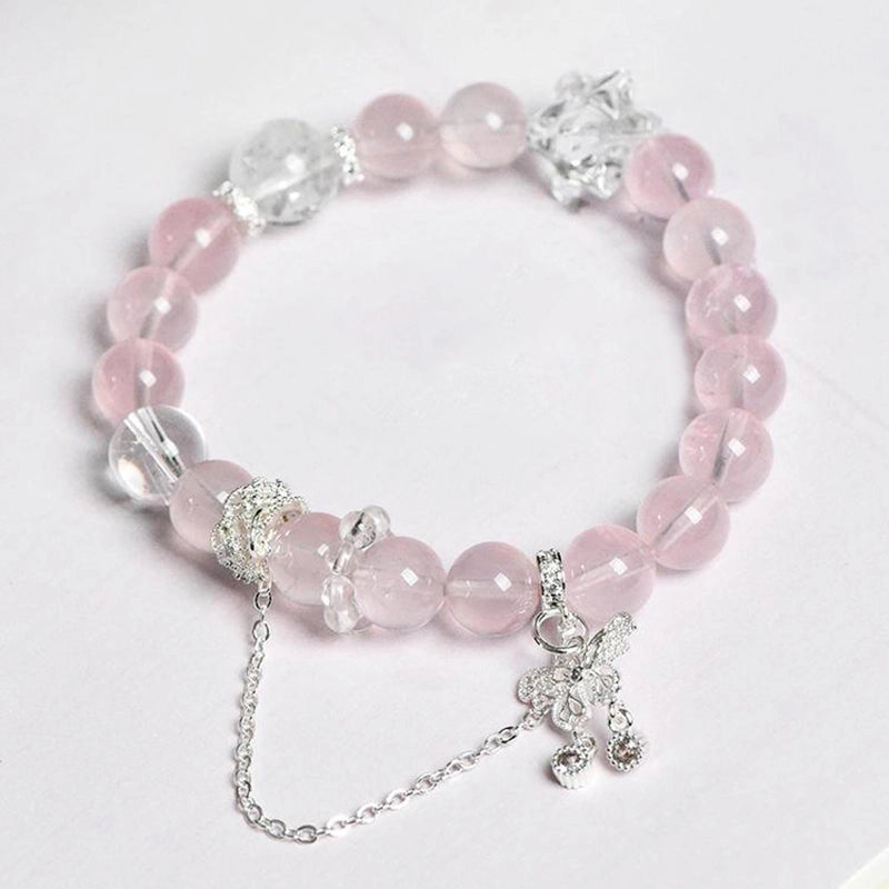 Rose Quartz bracelet with silver butterfly charms, Clear Quartz, and silver chain – healing crystal jewelry by Roline Crystal