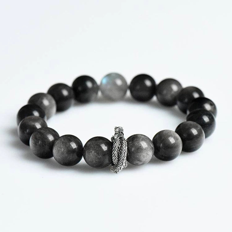 Silver Sheen Obsidian bracelet with Grey Moonstone and serpent charm – mystical protection jewelry by Roline Crystal