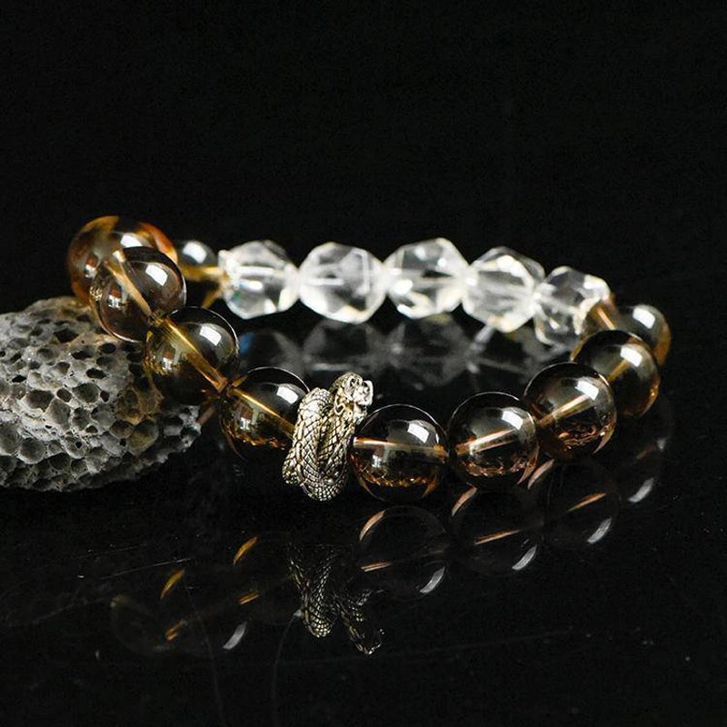 Smoky Quartz bracelet with faceted Clear Quartz, Citrine, and silver charms – grounding crystal jewelry by Roline Crystal