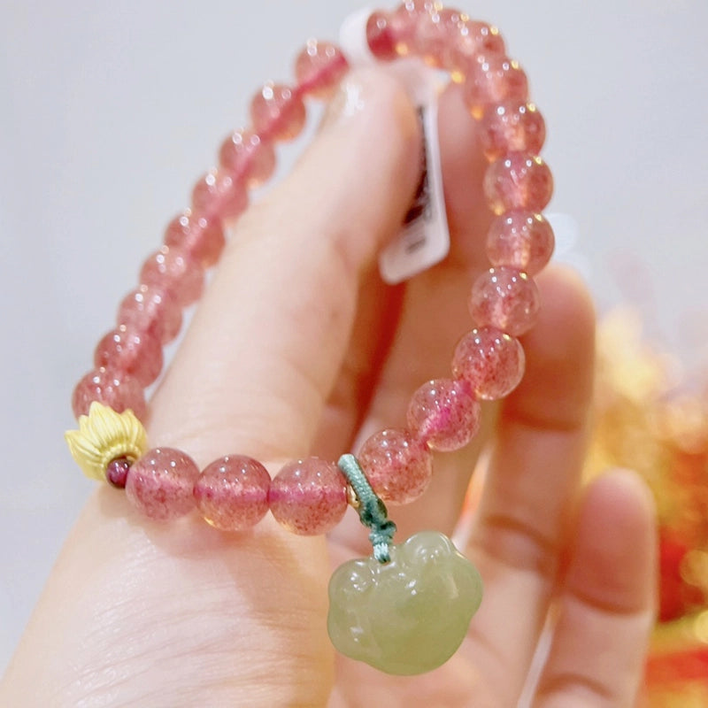 Strawberry Crystal bracelet with Nephrite Jade Ruyi charm by Roline Crystal
