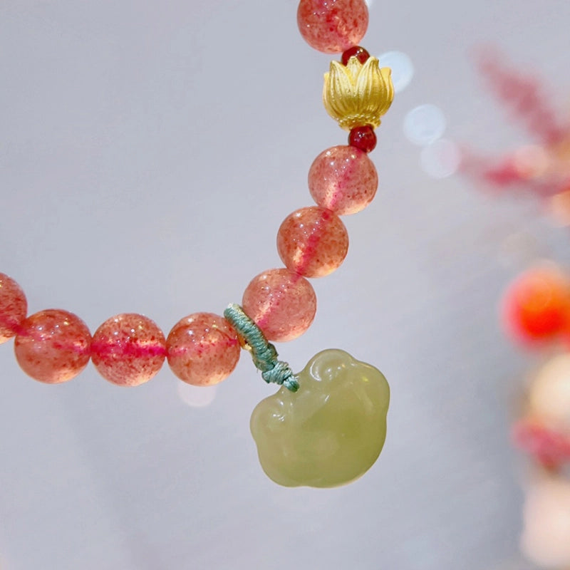 Strawberry Crystal bracelet with Nephrite Jade Ruyi charm by Roline Crystal