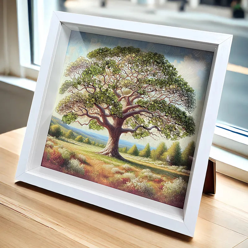 Tree of Life framed crystal art with Clear Quartz, Peridot, and Citrine stones by Roline Crystal