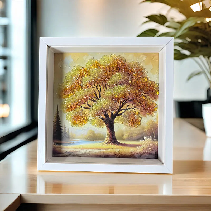 Tree of Life framed crystal art with Clear Quartz, Peridot, and Citrine stones by Roline Crystal