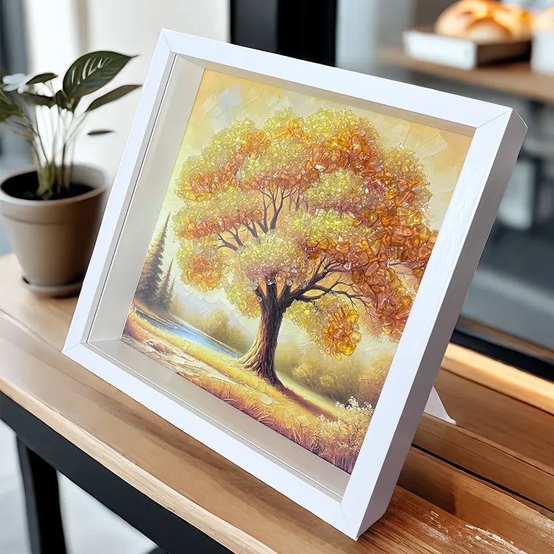 Tree of Life framed crystal art with Clear Quartz, Peridot, and Citrine stones by Roline Crystal
