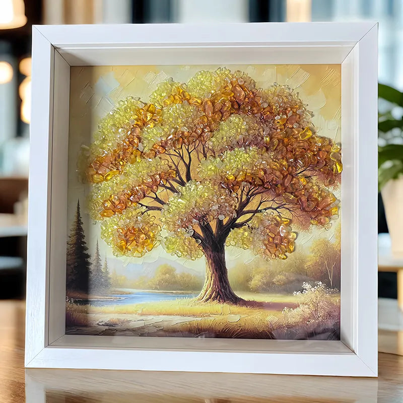 Tree of Life framed crystal art with Clear Quartz, Peridot, and Citrine stones by Roline Crystal