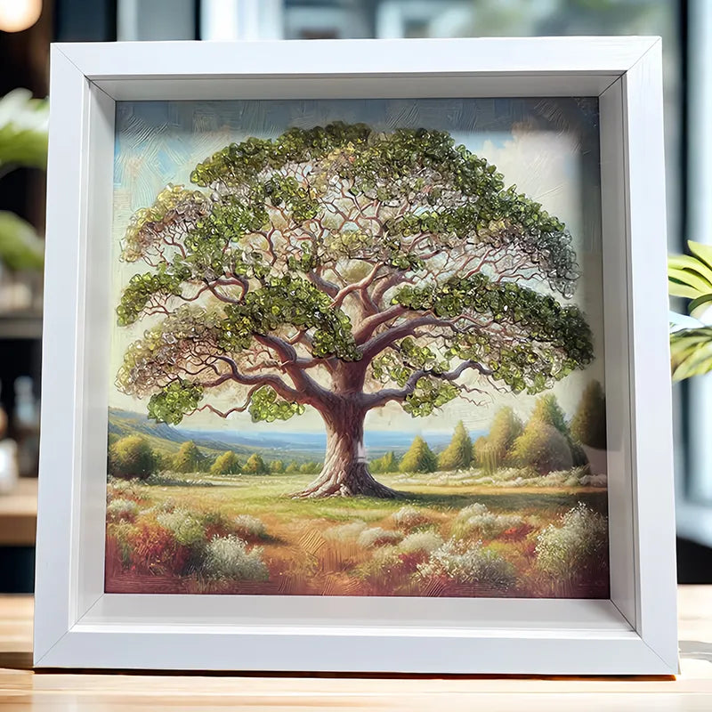 Tree of Life framed crystal art with Clear Quartz, Peridot, and Citrine stones by Roline Crystal