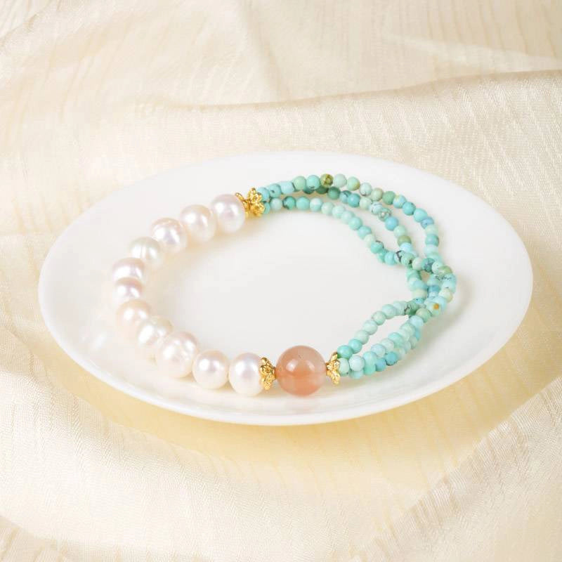 Van Gogh Almond Blossom-inspired Turquoise bracelet with pearls, agate, and gold accents by Roline Crystal