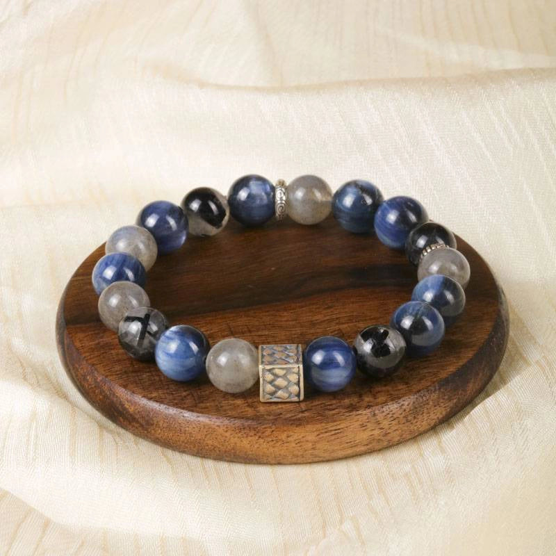 Van Gogh Starry Night-inspired Blue Rutilated Quartz bracelet with Moonstone and silver accents by Roline Crystal 