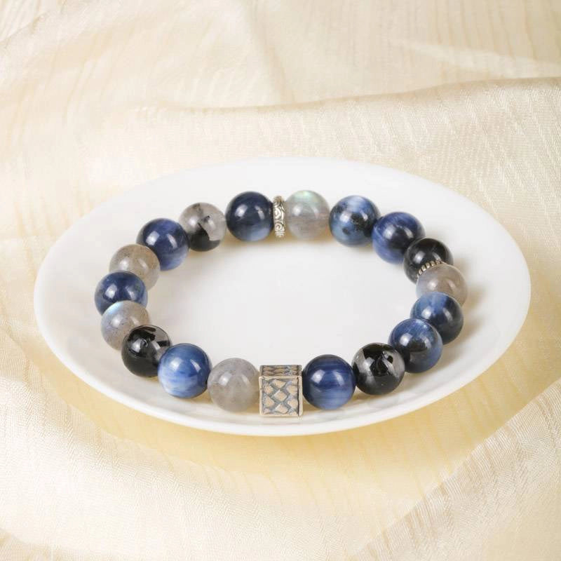 Van Gogh Starry Night-inspired Blue Rutilated Quartz bracelet with Moonstone and silver accents by Roline Crystal 