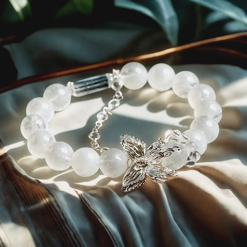 White Phantom Quartz bracelet with Clear Quartz, silver butterfly charms, and chain – spiritual jewelry by Roline Crystal