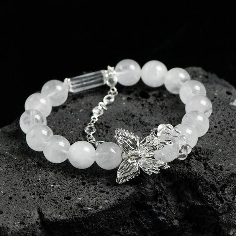 White Phantom Quartz bracelet with Clear Quartz, silver butterfly charms, and chain – spiritual jewelry by Roline Crystal