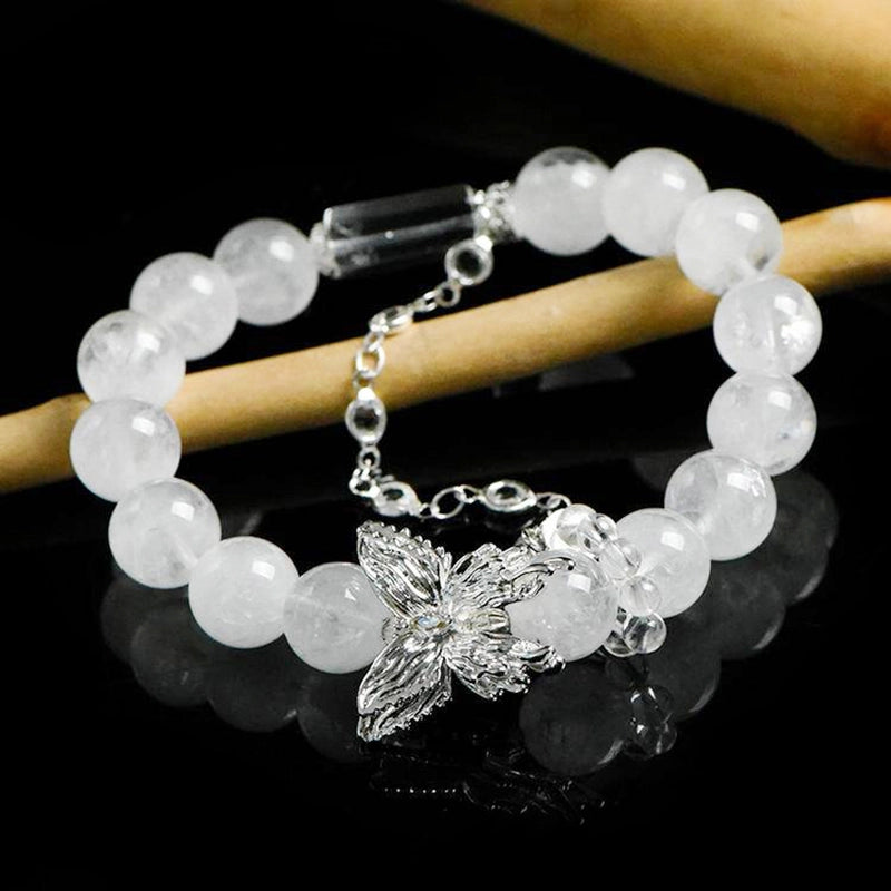 White Phantom Quartz bracelet with Clear Quartz, silver butterfly charms, and chain – spiritual jewelry by Roline Crystal