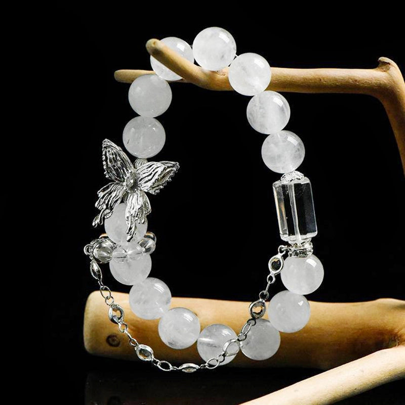 White Phantom Quartz bracelet with Clear Quartz, silver butterfly charms, and chain – spiritual jewelry by Roline Crystal