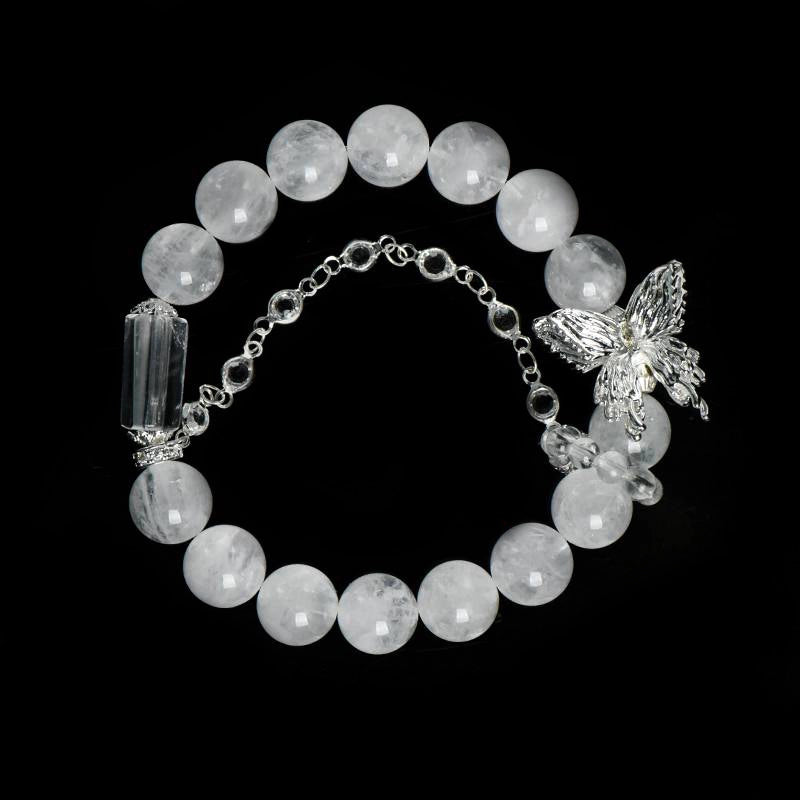 White Phantom Quartz bracelet with Clear Quartz, silver butterfly charms, and chain – spiritual jewelry by Roline Crystal