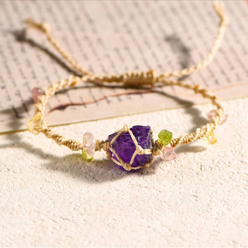 Handwoven Crystal Raw Stone Bracelet-Wax Rope Braid-Citrine, Amethyst, Green Fluorite, Blue Crystal