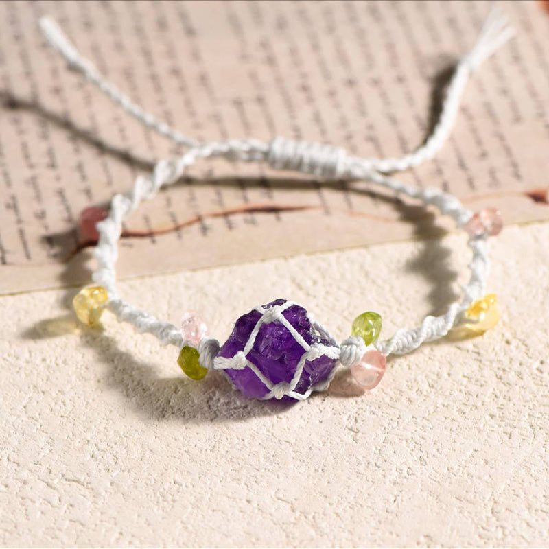 Handwoven Crystal Raw Stone Bracelet-Wax Rope Braid-Citrine, Amethyst, Green Fluorite, Blue Crystal