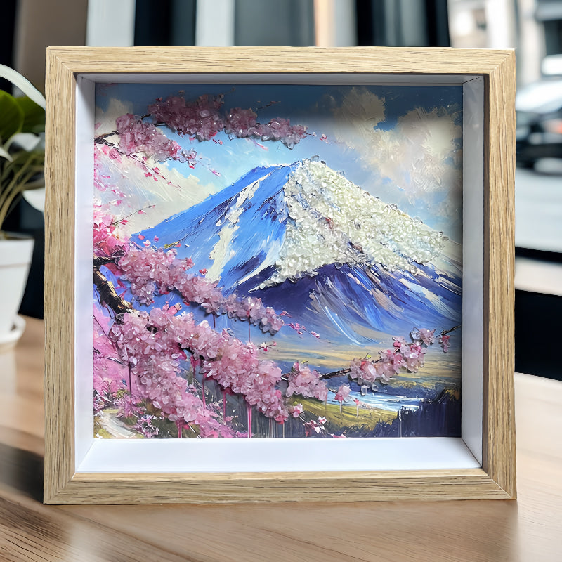 Clear Quartz and Pink Quartz Framed Crystal Art-Sakura and Mount Fuji Oil Painting