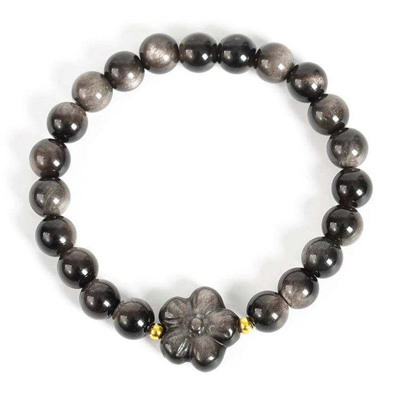 Silver Obsidian Bracelet - Mystical Charm Jewelry with Floral & Fox Accents | Roline Crystal