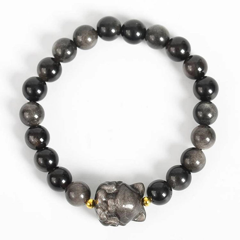 Silver Obsidian Bracelet - Mystical Charm Jewelry with Floral & Fox Accents | Roline Crystal