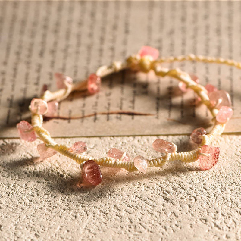 Handwoven Crystal Gravel Braided Rope Bracelet-Peridot，Strawberry Quartz，Citrine，Aquamarine