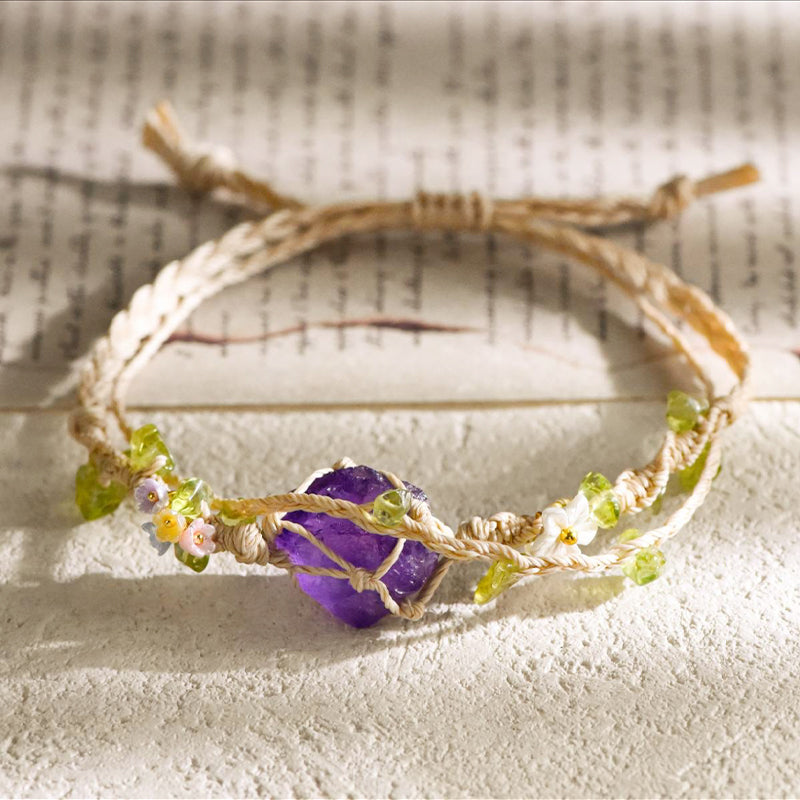 Double Circle Handwoven Raw Stone Bracelet -  Pink Quartz, Amethyst, Citrine and Green Fluorite