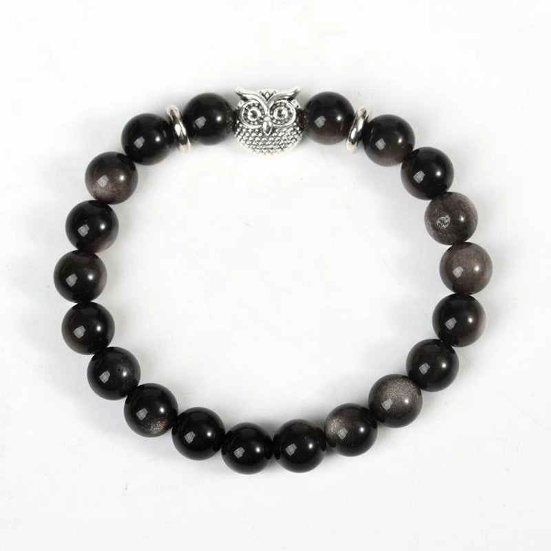 Silver Obsidian Bracelet with Symbolic Charms - Tree of Life, Owl & Lion | Roline Crystal