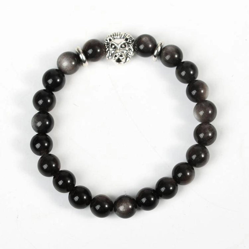 Silver Obsidian Bracelet with Symbolic Charms - Tree of Life, Owl & Lion | Roline Crystal