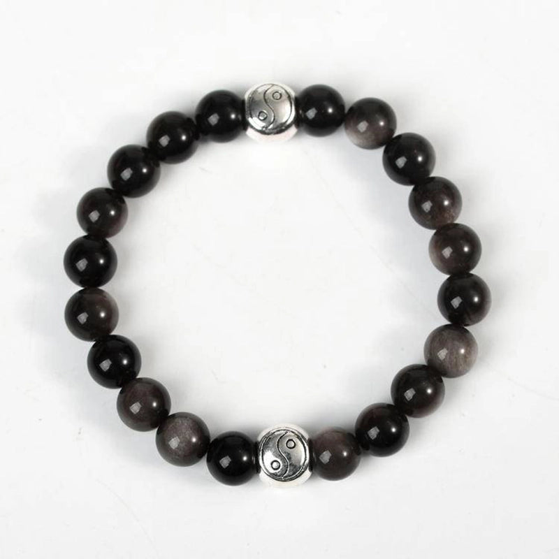 Silver Obsidian Bracelet with Symbolic Charms - Tree of Life, Owl & Lion | Roline Crystal
